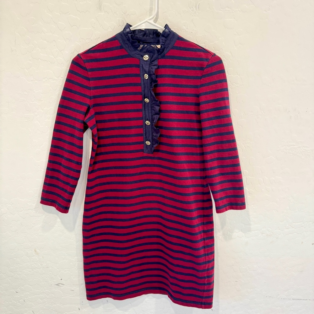 Tory Burch Lidia Cabernet Sailor Dress Womens XS Red Blue Ruffle Mini Preppy